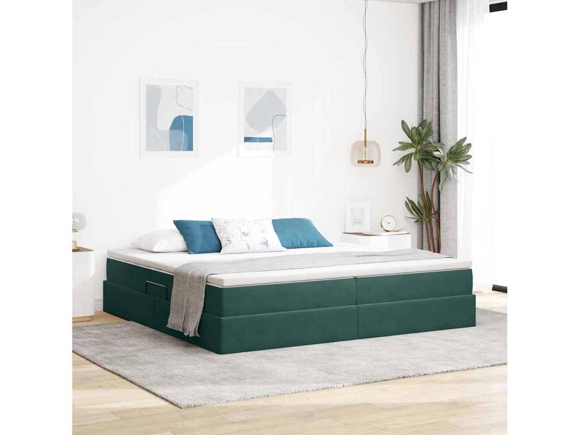 Vidaxl Cama Com Arrumação E Colchão Verde Escuro 200 X 200 Cm Veludo