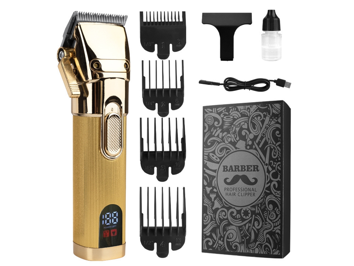 Máquina de Cortar Cabelo Profissional Recarregável, em Metal Dourado, com Visor Digital Lcd. MDUG