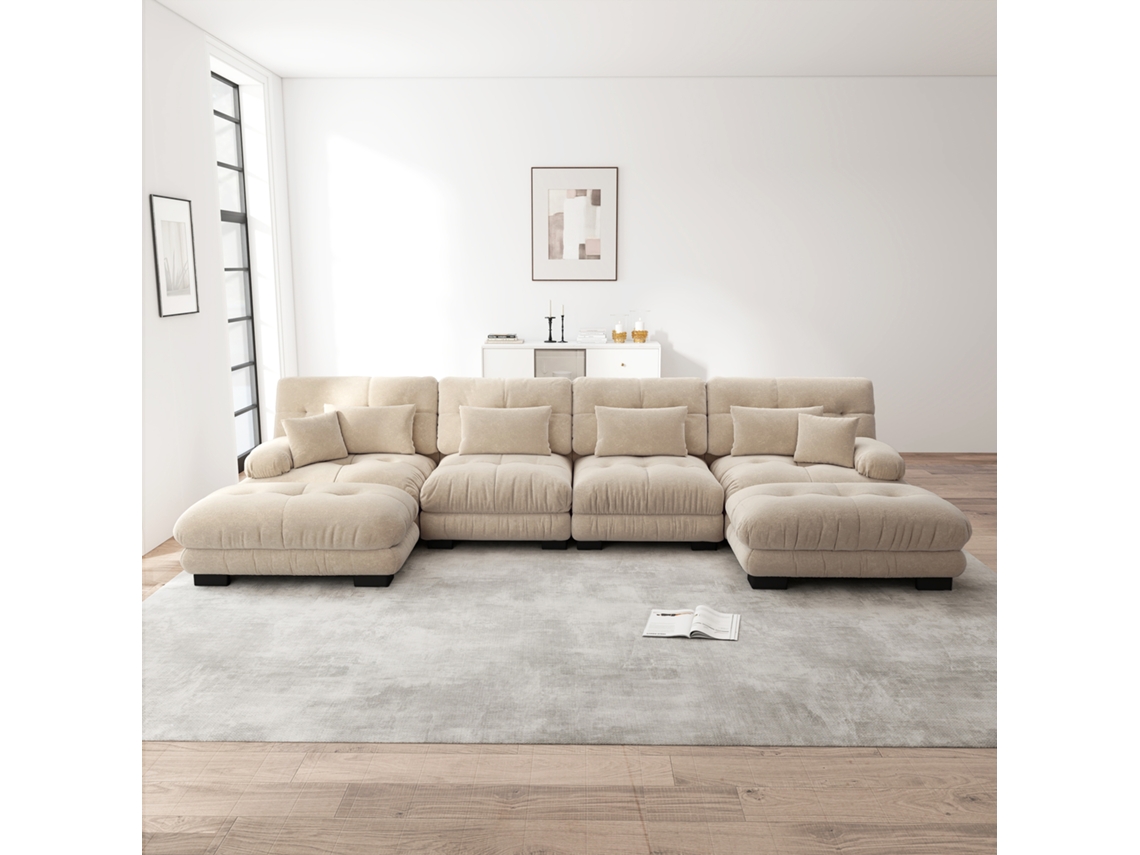 Sofá Modular U 4 Lugares Sofás Confortáveis Cloud Com Otomano Móvel Chenille Castanho Claro Mobrio
