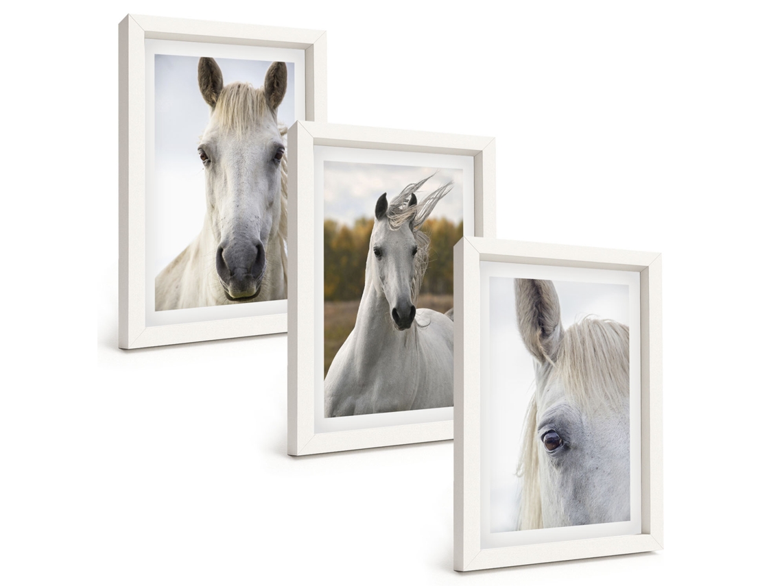 Conjunto De Pinturas Cavalos Brancos Na Natureza Moldura Branca Imagens Para Um Quarto Infantil Espelharte (3 Peças 20x30 Cm)