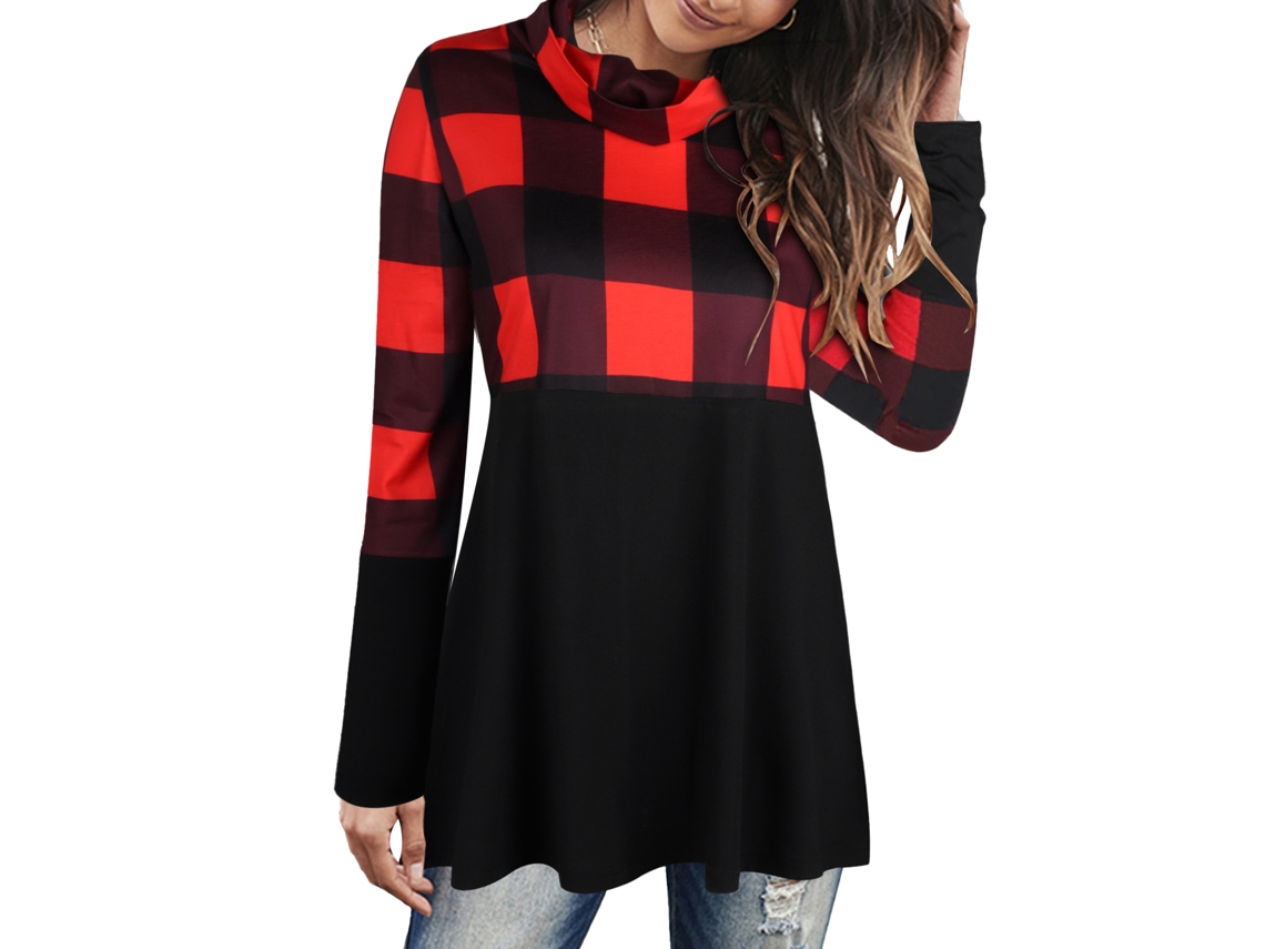 Laxiscreed Top Feminino Vermelho Xl Com Gola Rolê, Manga Longa E Detalhes De Costura Xadrez
