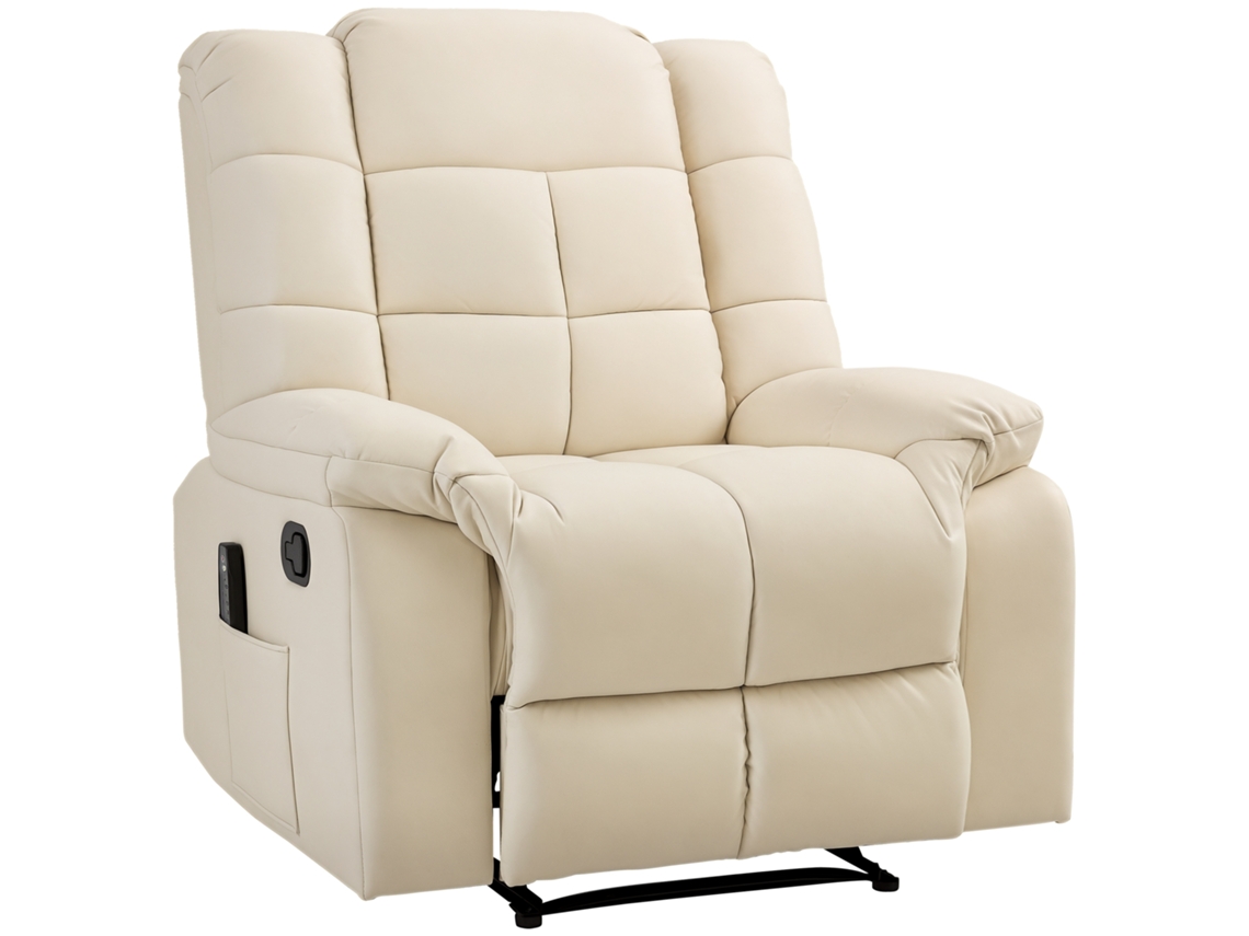 Poltrona De Massagem Poltrona Relax Reclinável Com 8 Pontos De Massagem Controlo Remoto Estofada Em Pu 94x99x99 Cm Creme