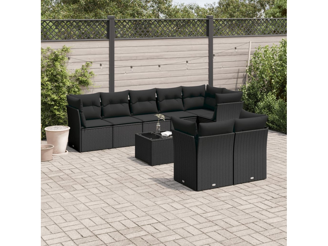 Vidaxl 9 Pcs Conjunto De Sofás P/ Jardim C/ Almofadões Vime Pe Preto