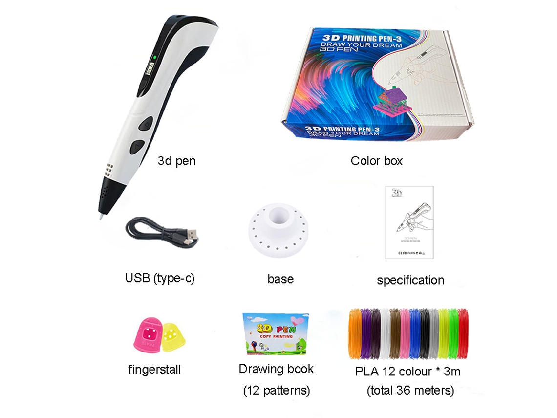 Caneta De Impressão 3d Criativa, Alimentada Por Usb Com Tela Lcd, 3m X 12 Cores Filamentos Pla (branco) Digitallab