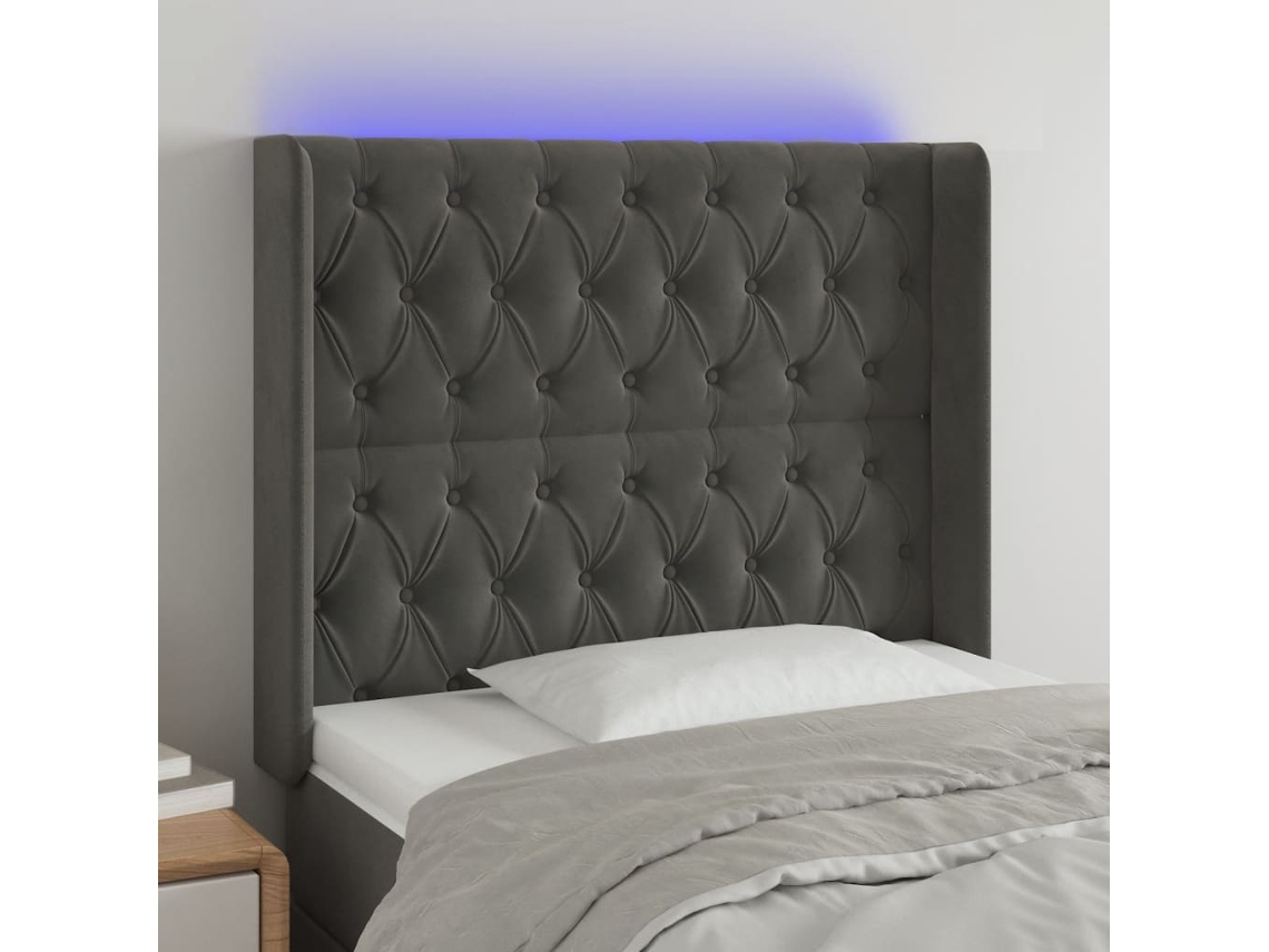 Vidaxl Cabeceira Cama C/ Luzes Led Veludo 93x16x118/128cm Cinza-escuro