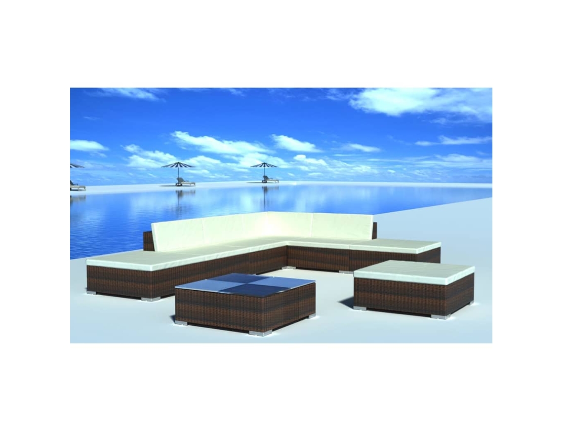 Vidaxl 8 Pcs Conjunto Lounge Jardim C/ Almofadões Vime Pe Castanho