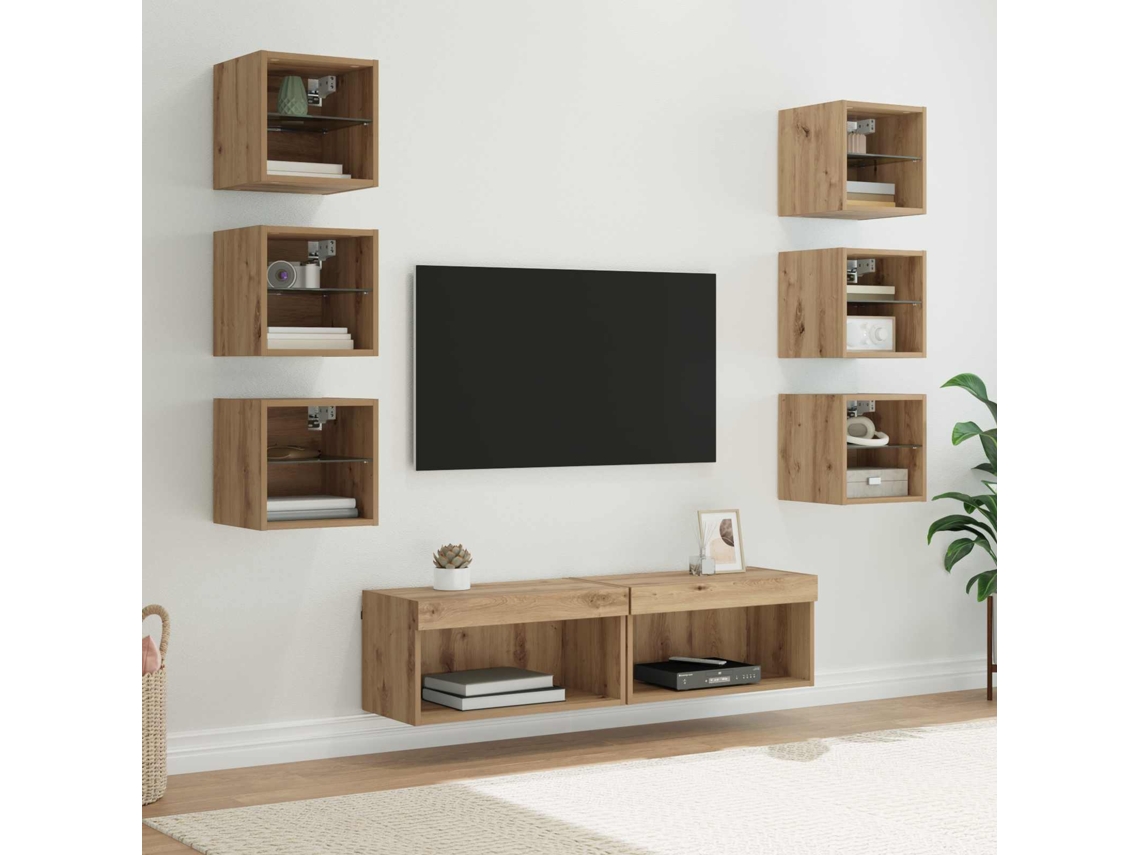 Vidaxl Gabinete Para Tv 8 Unid. Carvalho Artesanal Vidro