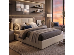 Cama de casal elevatória em linho com luzes de leitura USB e arrumação hidráulica 160x200 cm LAZYSPACE