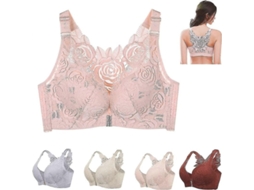 Sutiã Push Up sem aro com fecho frontal e renda rosa, confortável, tamanhos plus size 36-80C.