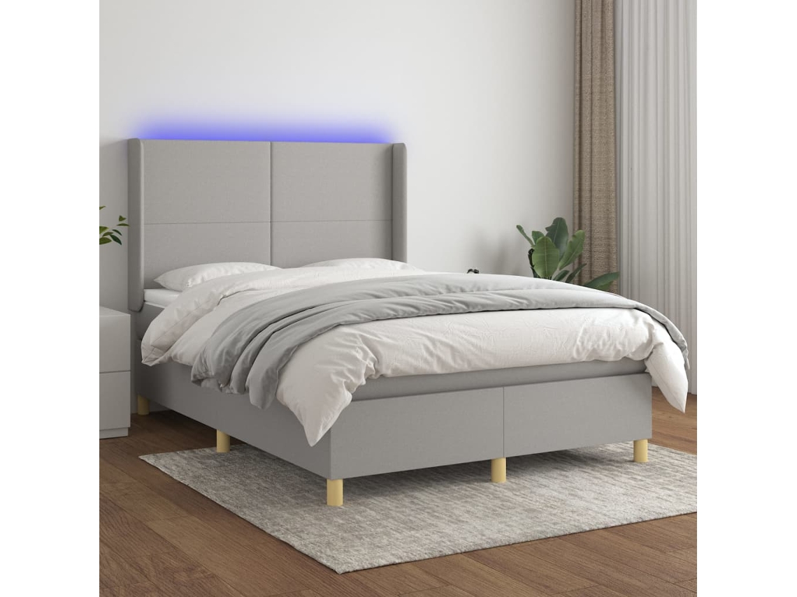 Cama Box Spring C/ Colchão E Led 140x190 Cm Tecido Cinza-claro