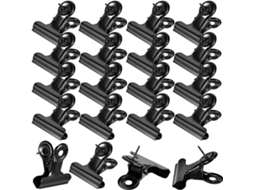 Tachinhas Kallory em metal preto com clipes resistentes para fotos e recados em Cortiça Quadros, pacote com 30 unidades.