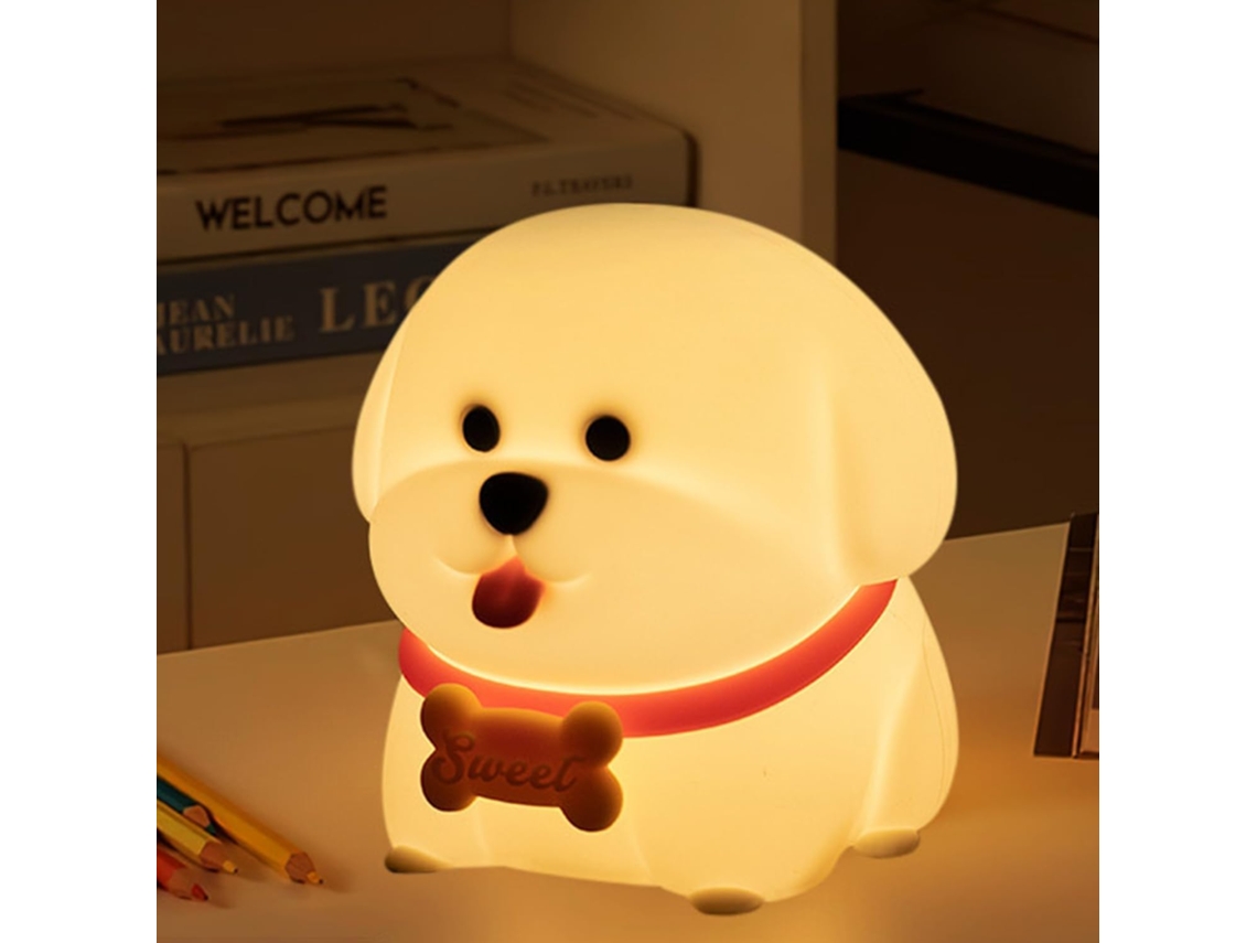Luminária noturna infantil de LED em formato de cachorrinho de silicone macio.