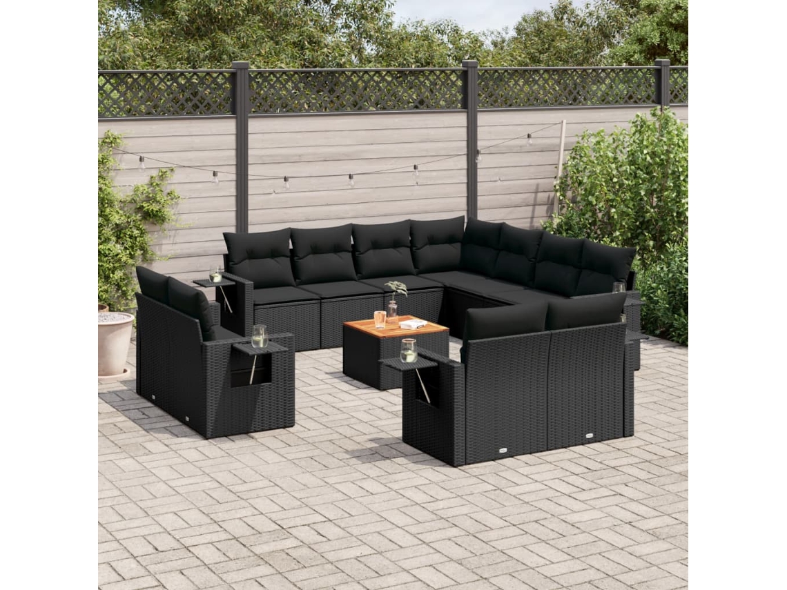 Vidaxl 12 Pcs Conjunto De Sofás De Jardim C/ Almofadões Vime Pe Preto