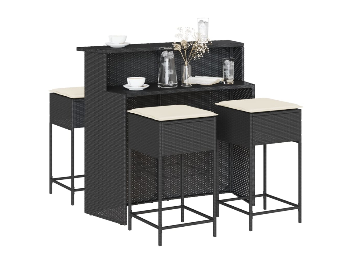 Vidaxl 5 Pcs Conjunto De Bar P/ Jardim C/ Almofadões Vime Pe Preto