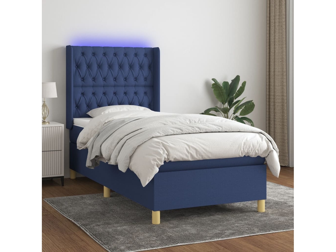 Vidaxl Cama Box Spring C/ Colchão E Led 90x190 Cm Tecido Azul