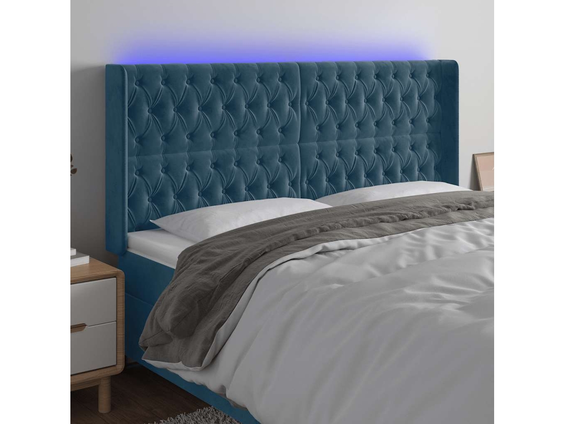 Vidaxl Cabeceira Cama C/ Luzes Led Veludo 203x16x118/128cm Azul-escuro