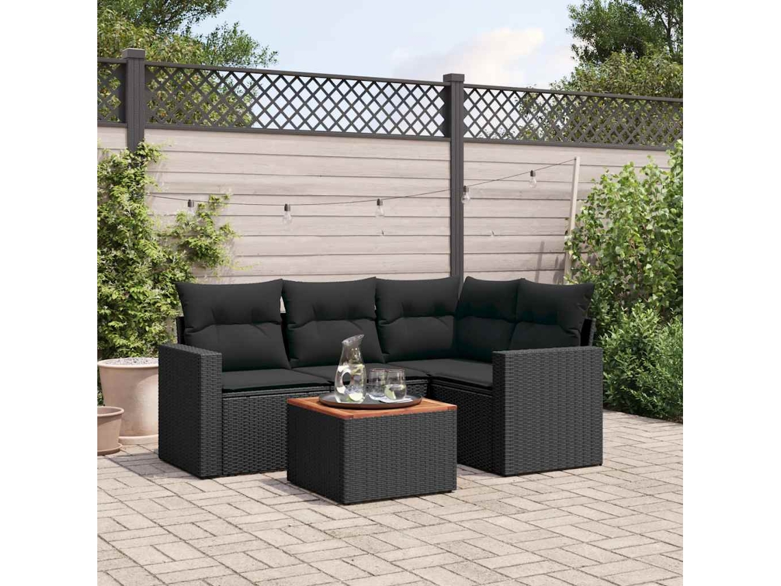 Vidaxl 5 Pcs Conjunto Sofás De Jardim Com Almofadões Vime Pe Preto