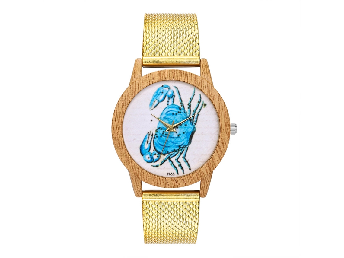 Relógio de pulso unissex com pulseira de malha, estampa de caranguejo, quartzo dourado, Zhoulianfa