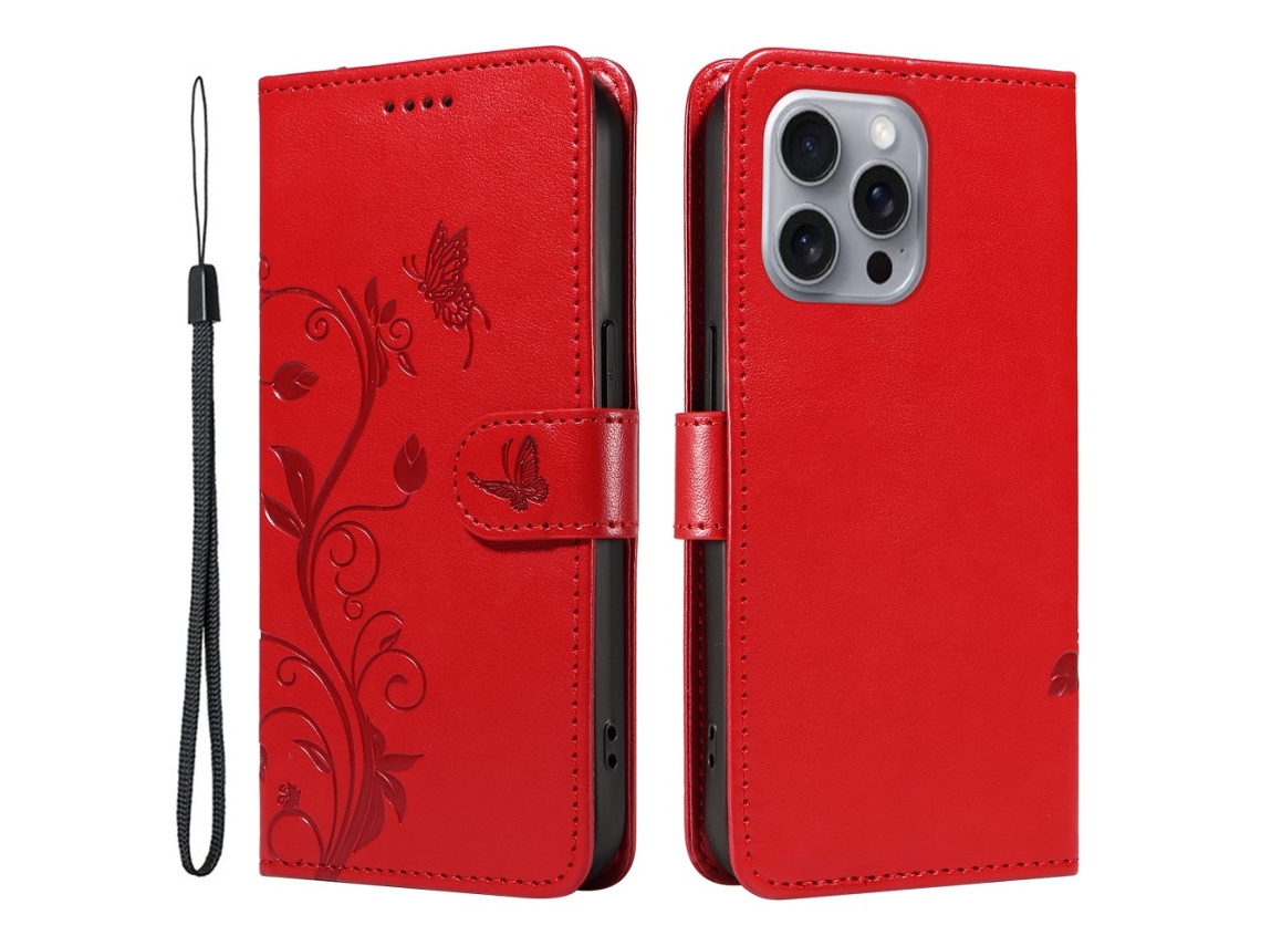 Capa Em Couro Pu, Com Pega Para Apple Iphone 16 Pro Max - Vermelho