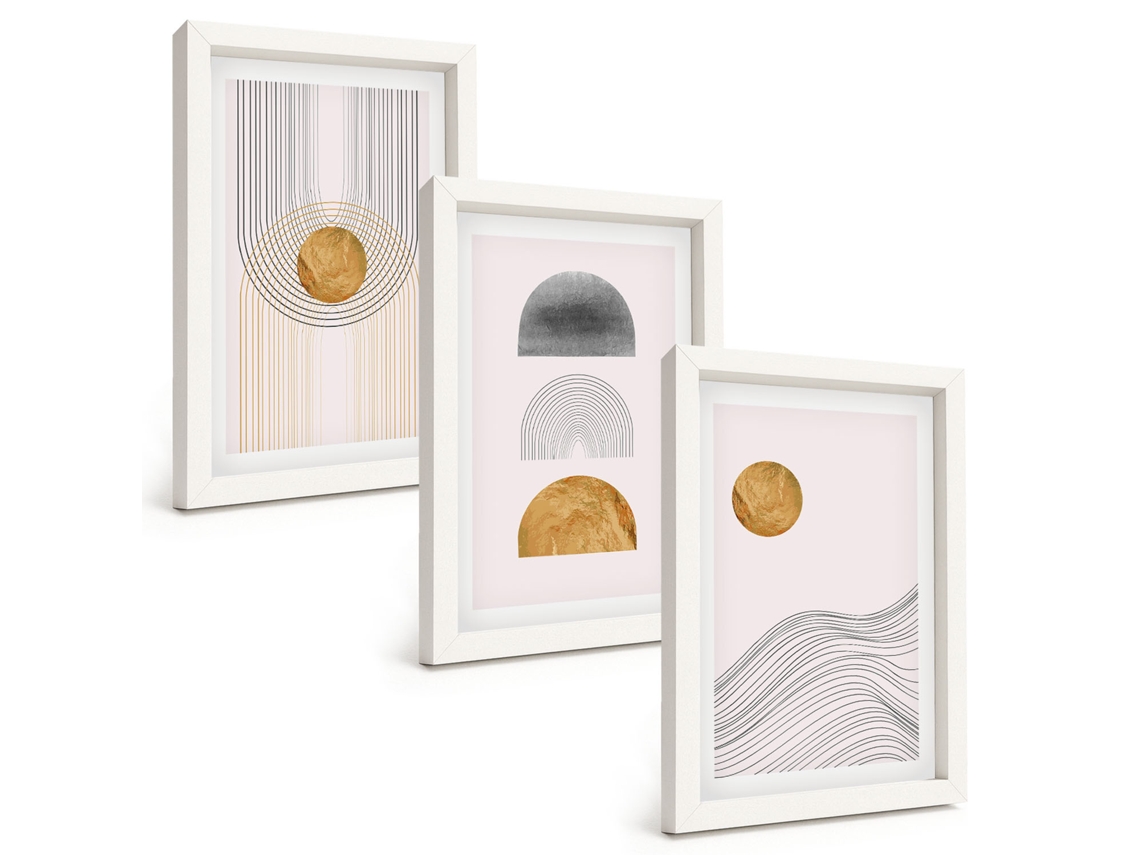 Conjunto De Quadros Com Moldura Formas Abstratas Em Bege E Cinza Moldura Branca Fotos Para O Corredor Espelharte (3 Peças 20x30 Cm)