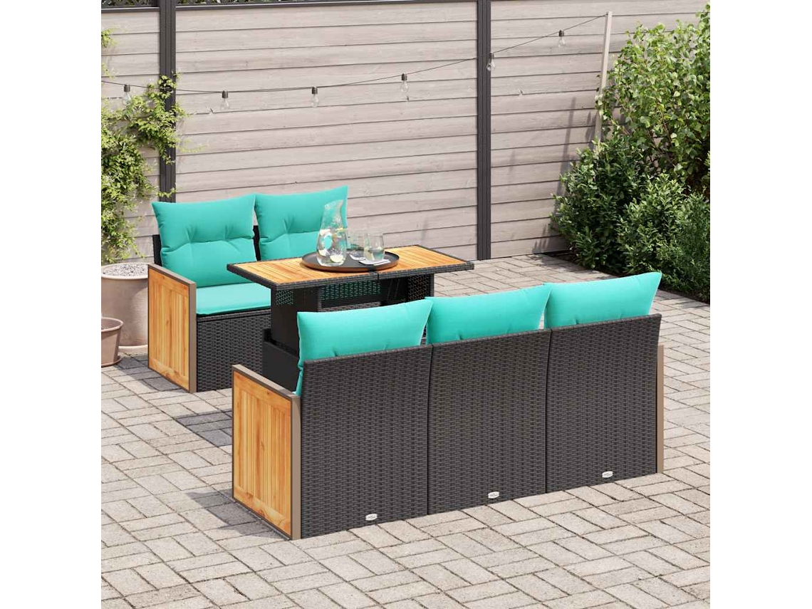 Vidaxl Conjunto De Sofá De Jardim Com 6 Peças E Almofadas, Em Rattan Sintético Preto E Acácia