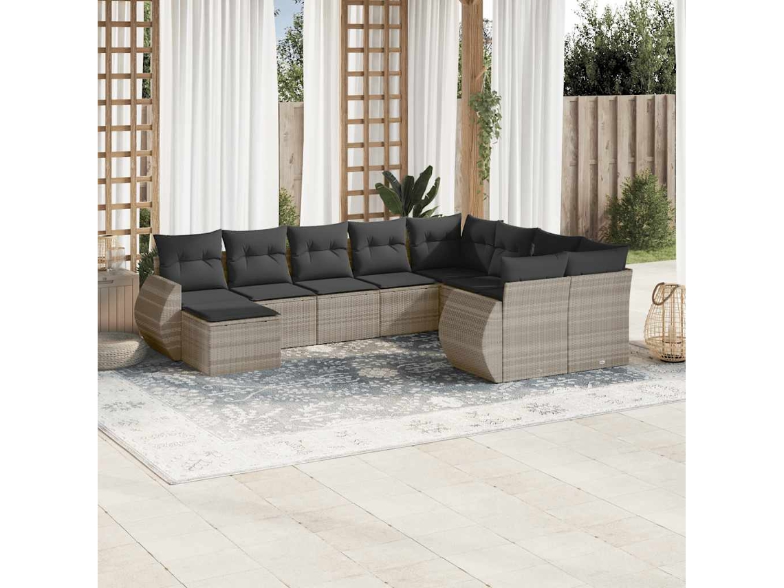 Vidaxl 10 Pcs Conj. Sofás Jardim Com Almofadões Vime Pe Cinzento-claro