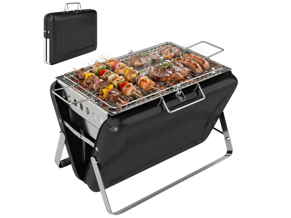 Churrasqueira Defumadora A Carvão Em Aço Inoxidável Com Grelha, Alça E Pés Dobráveis Para Churrasco E Camping, 40x28x25,5cm, Preta.