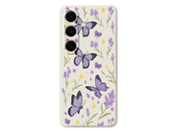 Capa Tkdaddy Para Samsung Galaxy S24 Fe Com Estampa De Borboletas Roxas E Bordas Retas Em Tpu, Capa Traseira Bege