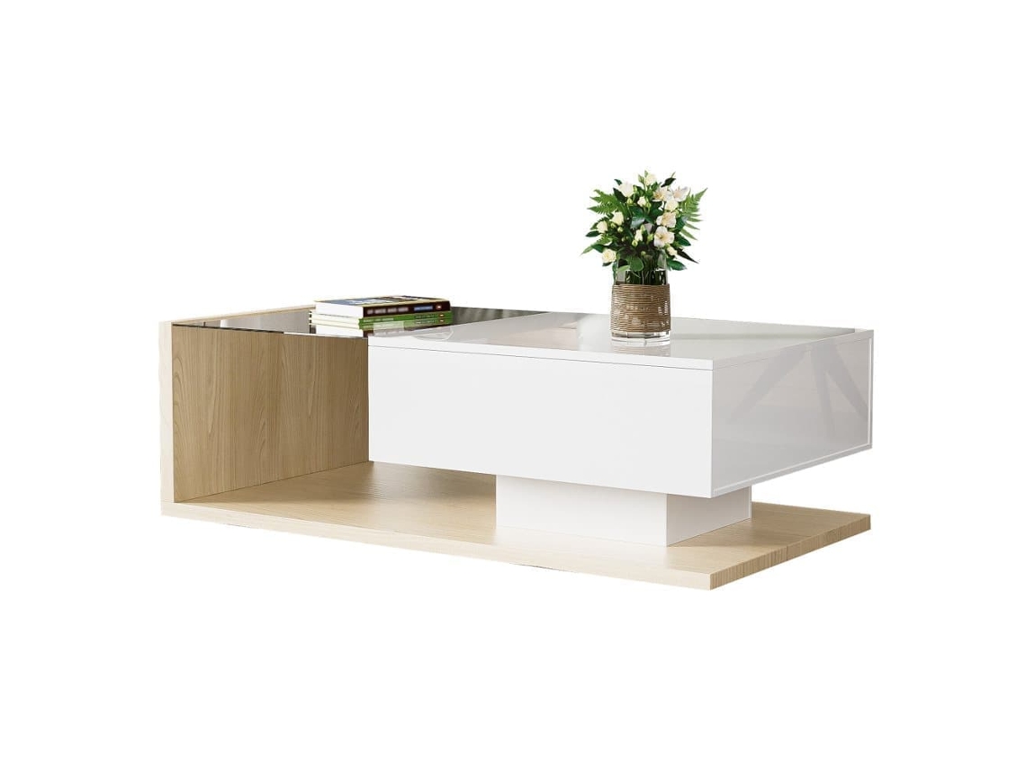 Mesa De Centro - Características De Alto Brilho E Madeira - Cor Branca + Natural