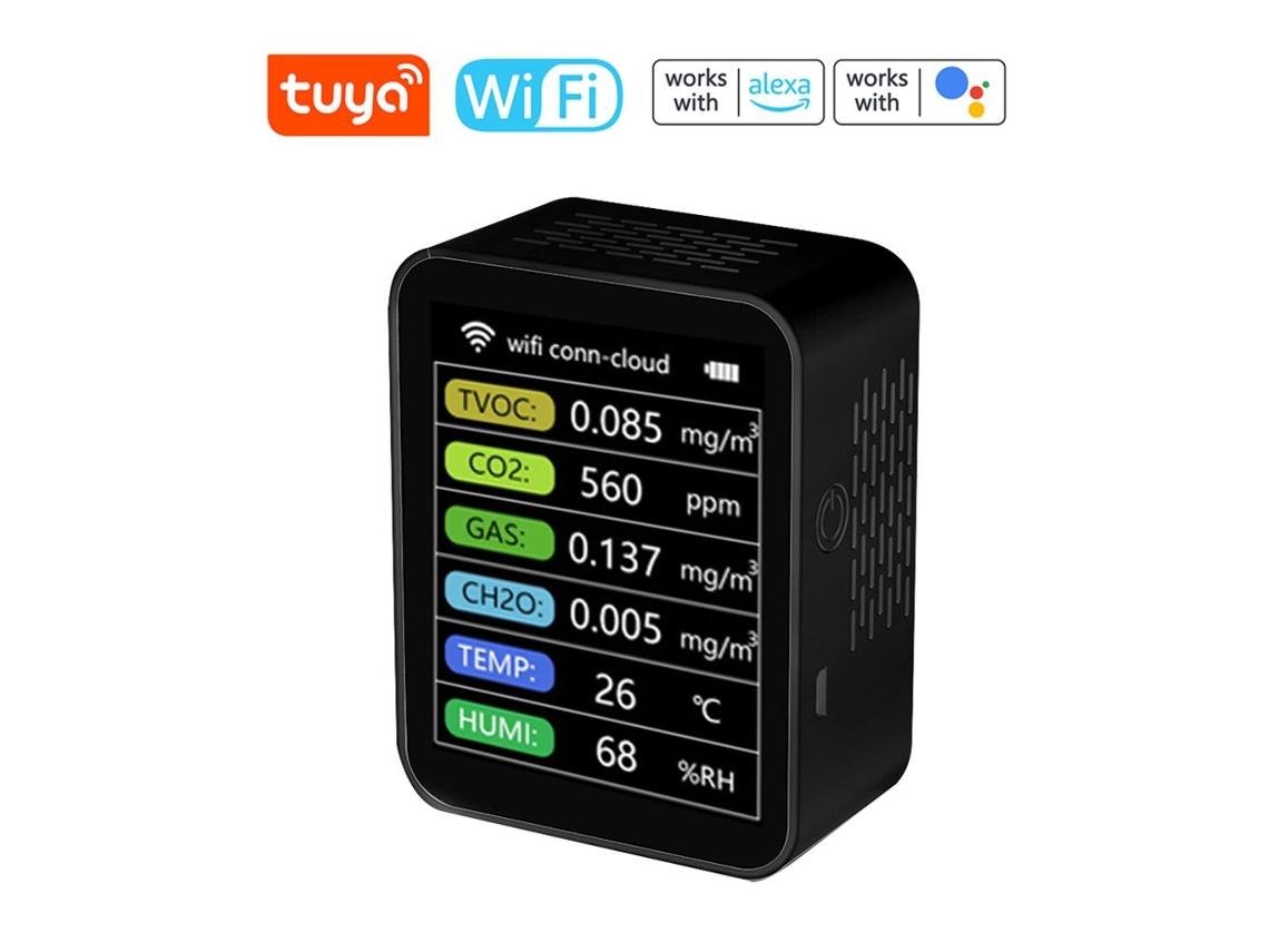 Detector De Co2 Tuya Wifi 6 Em 1, Medidor De Dióxido De Carbono, Ch2o, Tvoc, Gás, Temperatura E Umidade, Monitor Inteligente Da Qualidade Do Ar Com Ap