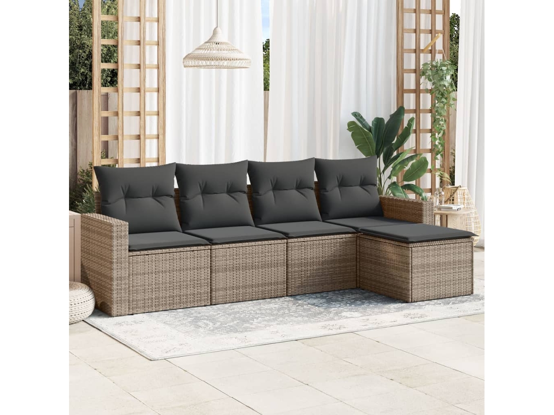 Vidaxl 5 Pcs Conjunto Sofás De Jardim C/ Almofadões Vime Pe Cinzento