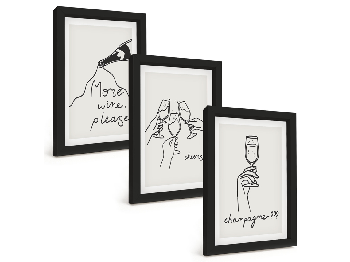 Conjunto De Pinturasarte Linear Com Taça De Champanhe Moldura Preta Quadros Para A Sala De Estar Espelharte (3 Peças 20x30 Cm)