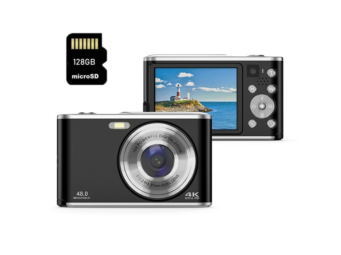 Câmera digital compacta DC306 48MP 4K UHD com foco automático e zoom de 16x, 2,8 polegadas, para crianças, 128g, preta, Yizhood