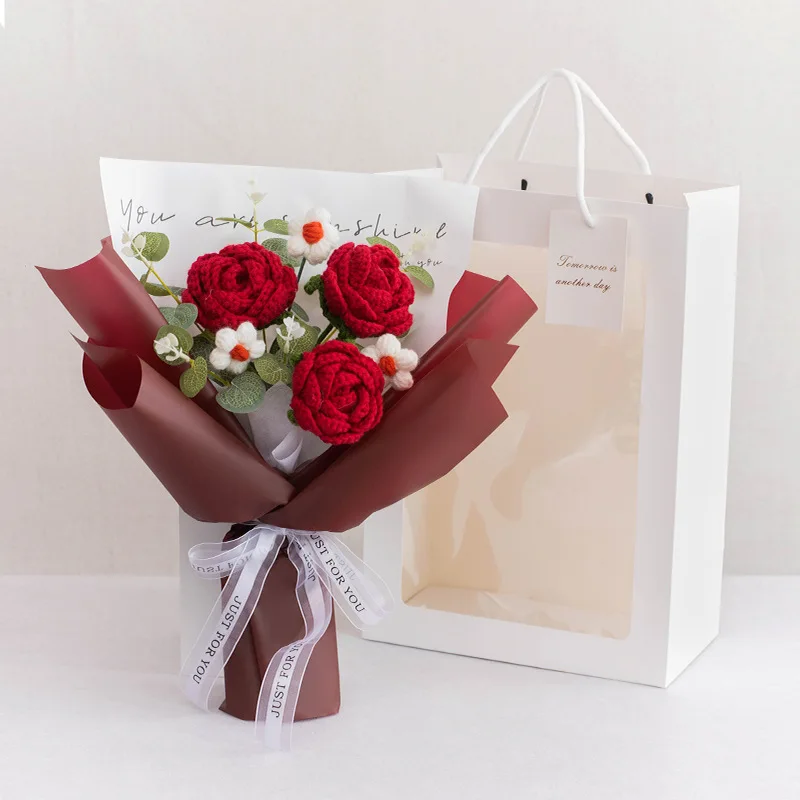 Bolsa De Mão Criativa Com Buquê De Rosas Artificiais De Crochê, Presente Para O Dia Dos Namorados