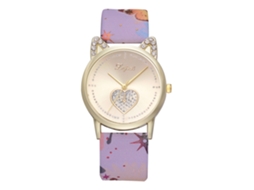 Relógio de Pulso Feminino de Quartzo com Pulseira de Couro Pu Estampa Floral e Esfera Coração com Strass