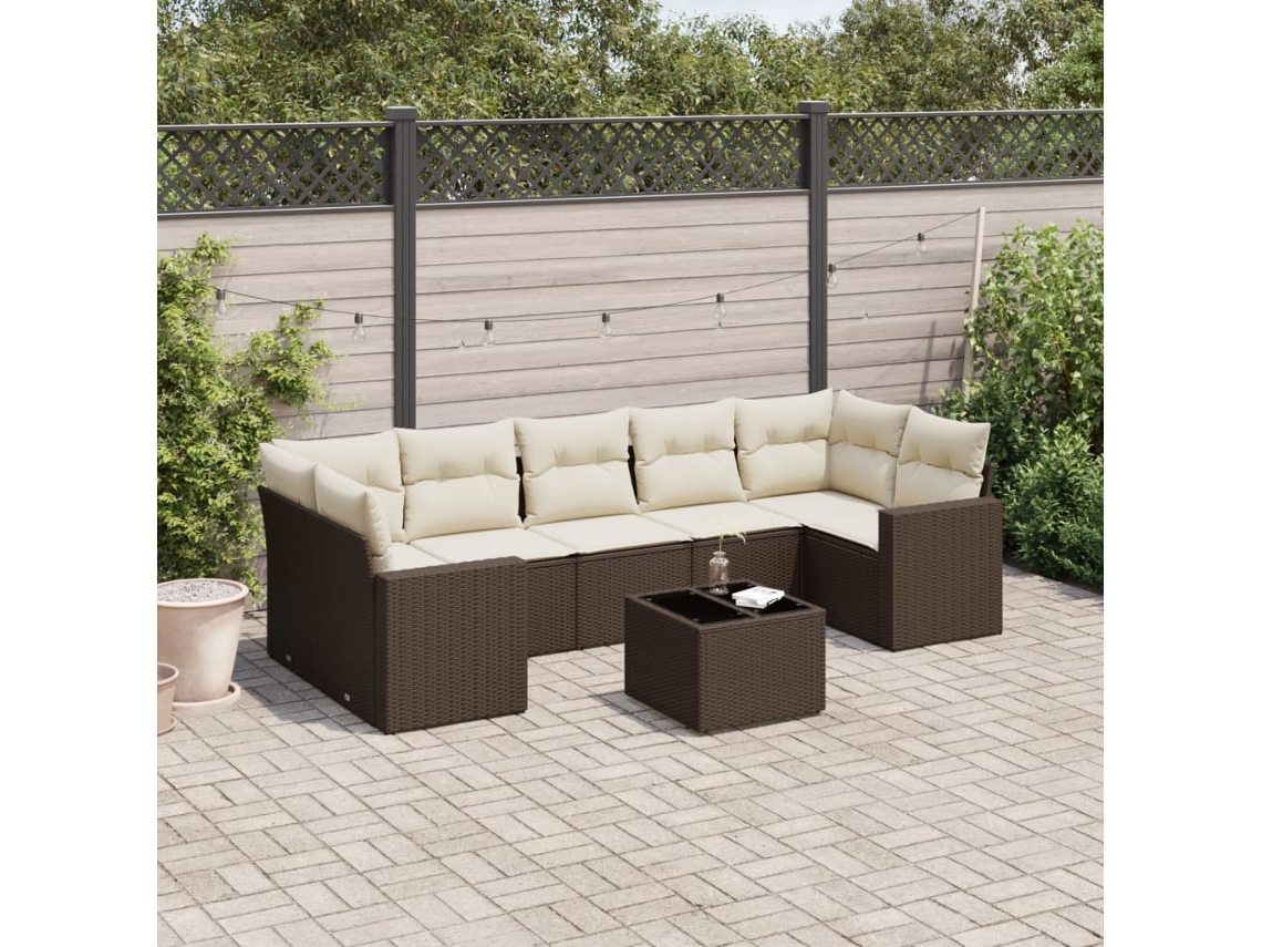 Vidaxl 8 Pcs Conjunto Sofás De Jardim C/ Almofadões Vime Pe Castanho