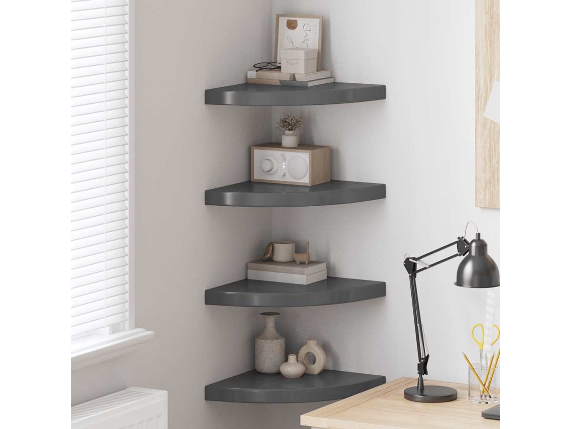Vidaxl Prateleiras Canto Suspensas 4 Pcs 35x35x3,8cm Mdf Cinza Brilh.