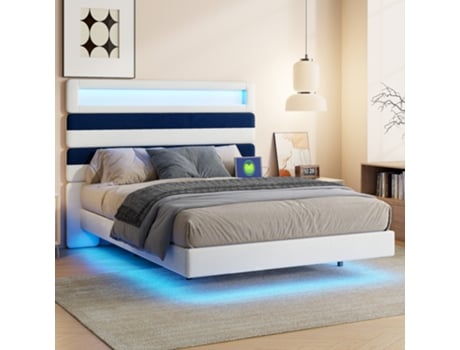 Cama De Casal 140x190cm Com Led E Usb, Cama Estofada, Cama Com Arrumação, Cama Juvenil, Veludo, Sem Colchão Rosahqnda