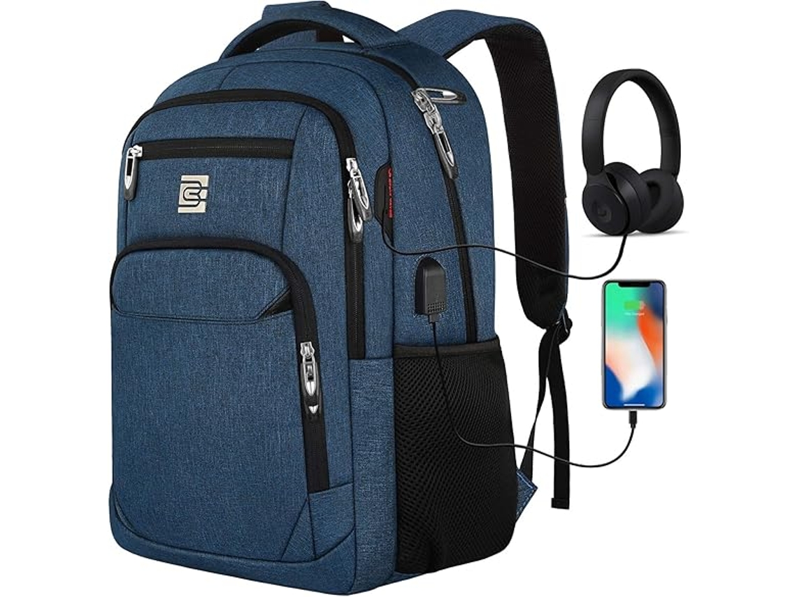 Mochila para laptop com carregamento USB e porta para fone de ouvido, mochila antirroubo para laptop empresarial com alça de ombro acolchoada e respirável, Beijiyi azul