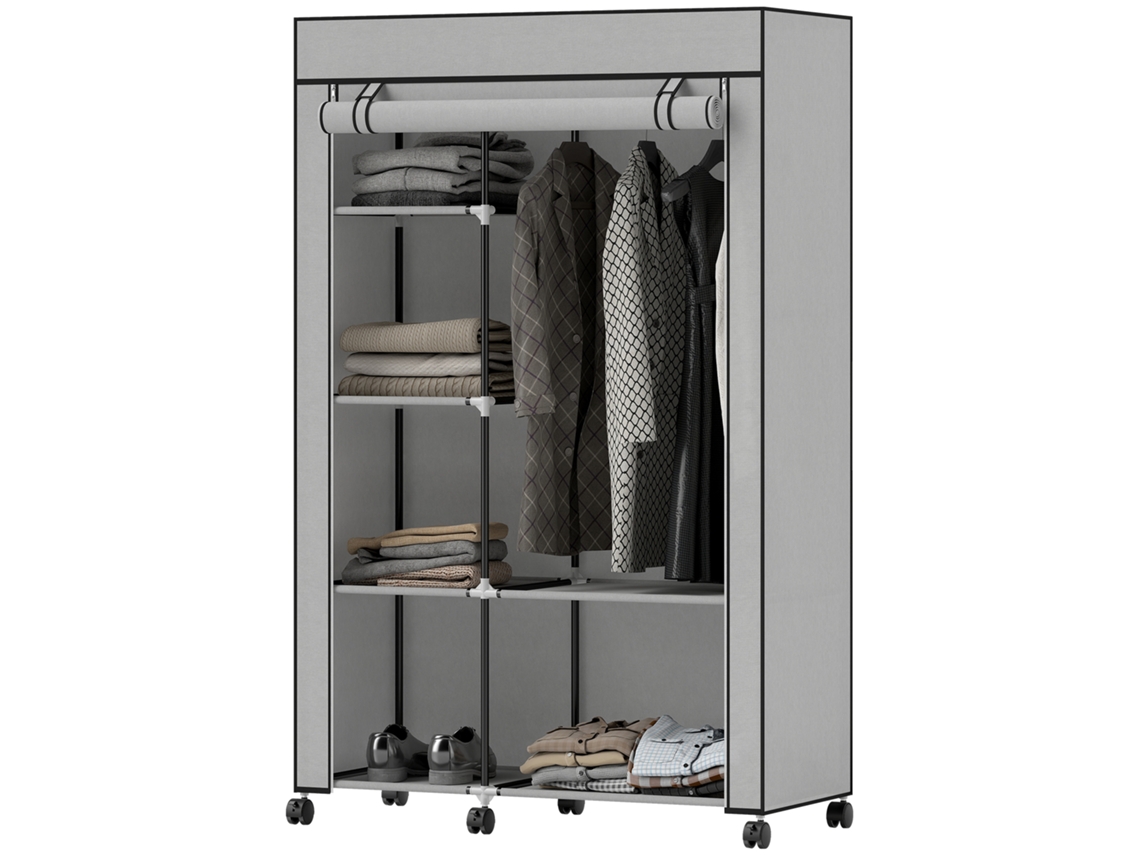 Roupeiro De Tecido Dobrável Com 6 Prateleiras 1 Barra De Pendurar E Rodas Para Dormitório Vestidor 103x43x162,5 Cm Cinza