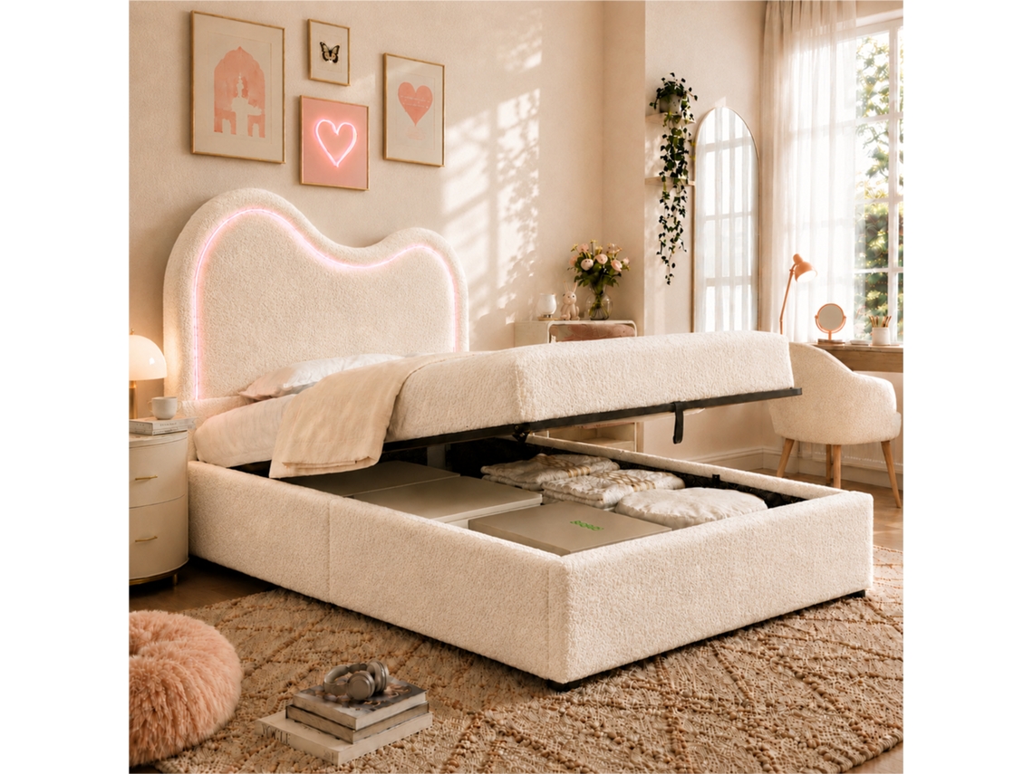 Cama Estofada Bouclé Branco 90x200 Cm
