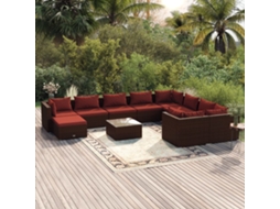 Vidaxl 11 Pcs Conjunto Lounge Jardim C/ Almofadões Vime Pe Castanho