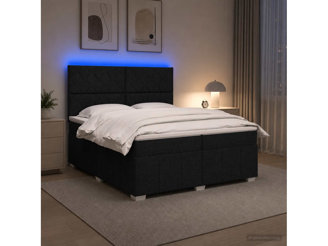 Vidaxl Cama Box Com Led E Colchão Preto 200 X 200 Cm Tecido