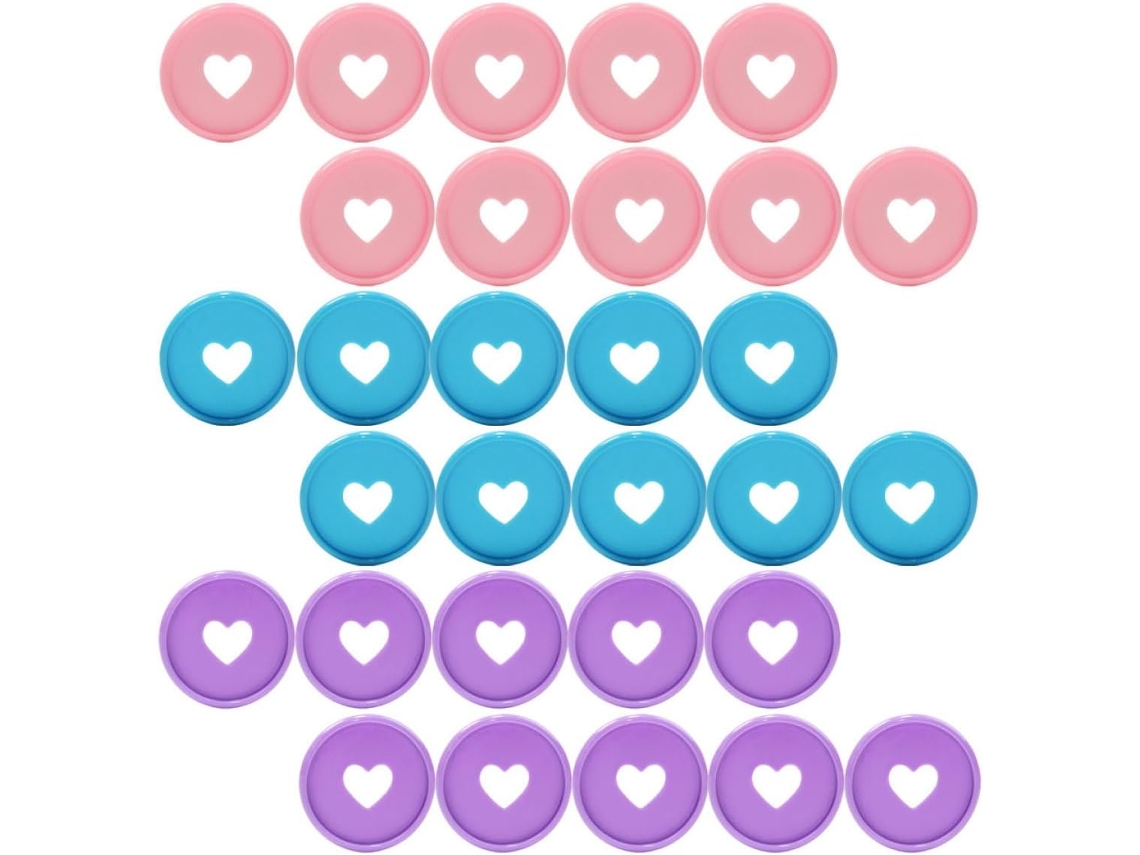 Conjunto De 30 Discos Plástico Para Encadernação, Com Estampa De Coração, Tamanho Padrão, Nas Cores Rosa, Azul E Roxo