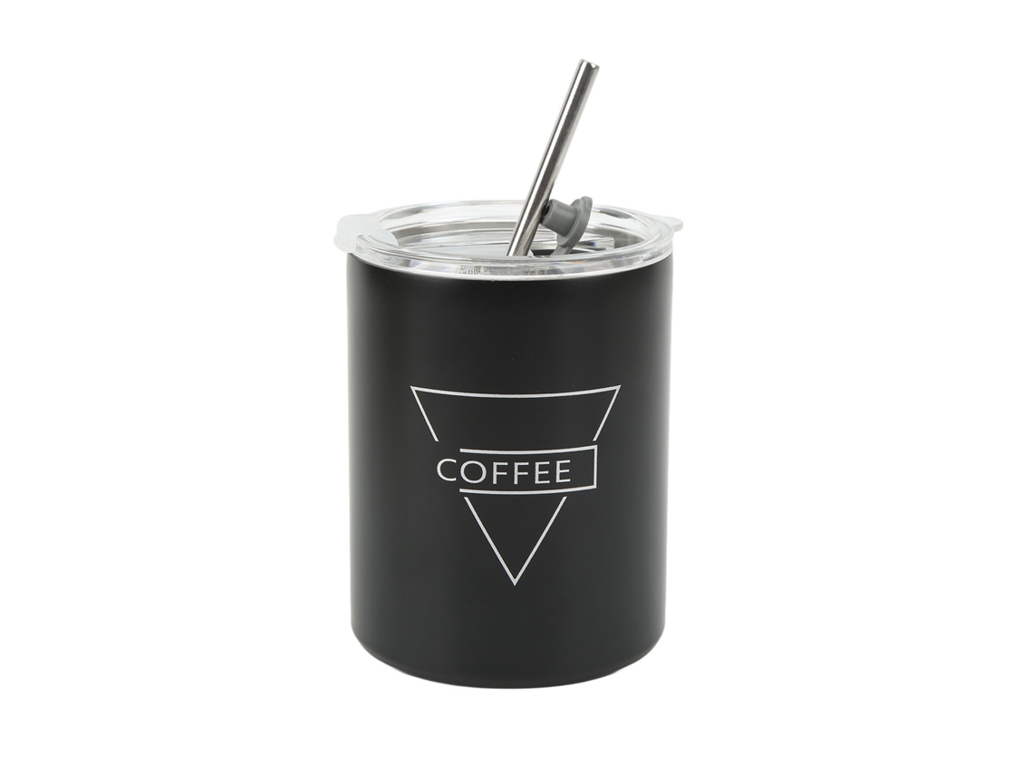 Copo de café de aço inox 12oz com tampa e canudo preto | S/MARCA