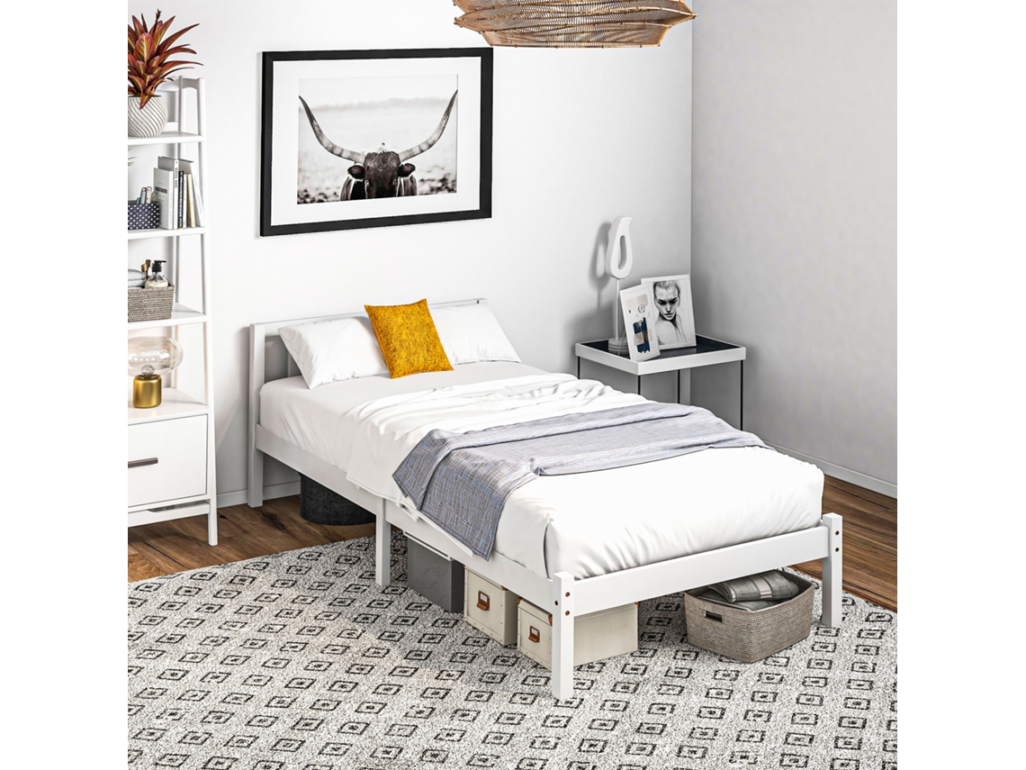 Estrutura De Cama De Madeira 208x96 Cm Com Estrado De Ripas E Cabeceira, Elegante Cama De Solteiro Para Quarto, Branca