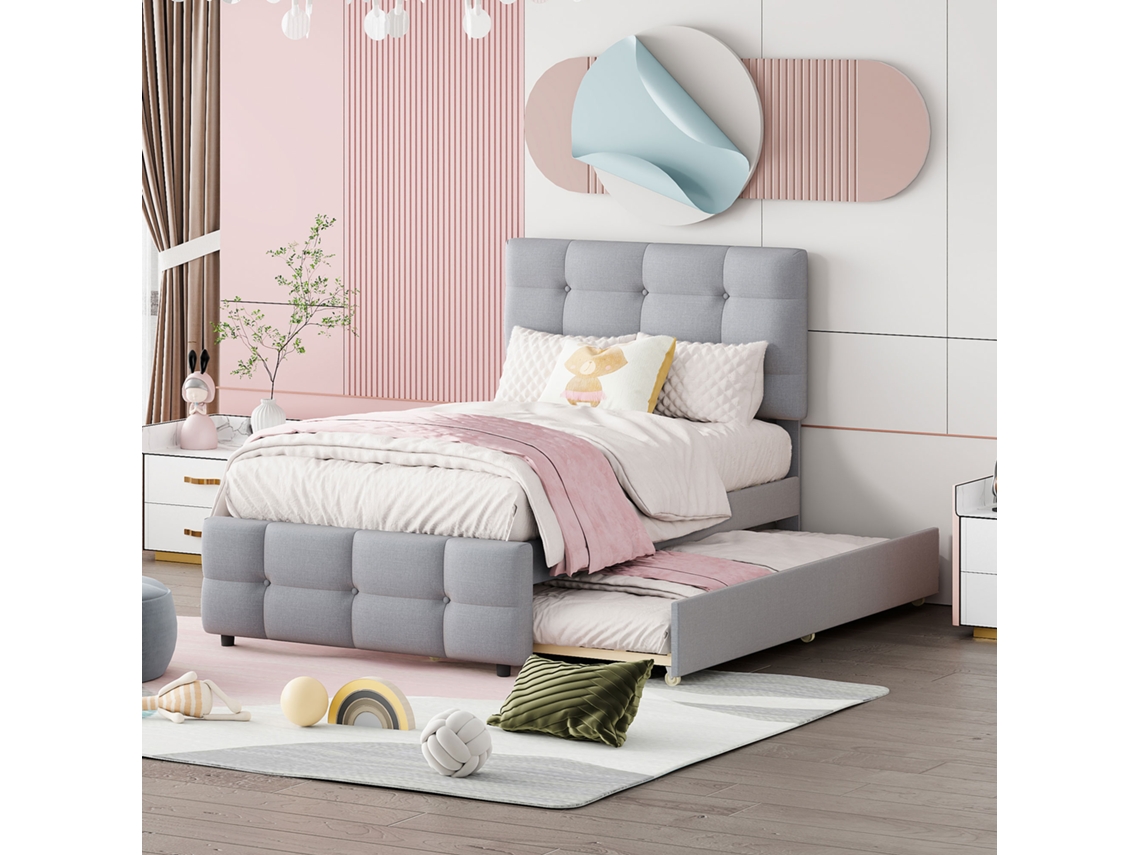 Cama Estofada 90x200 Extensível Cabeceira Ajustável Linho Cinza