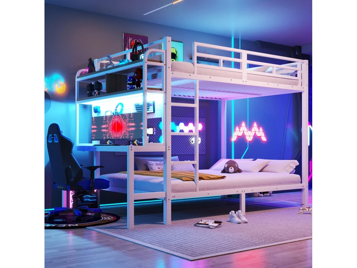 Beliche Metálico Branco 140x200 com Escrivaninha Led Usb e Grades