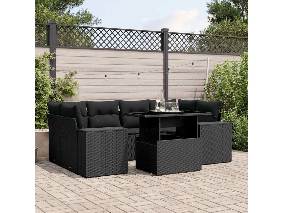 Vidaxl 7 Pcs Conjunto De Sofás P/ Jardim C/ Almofadões Vime Pe Preto