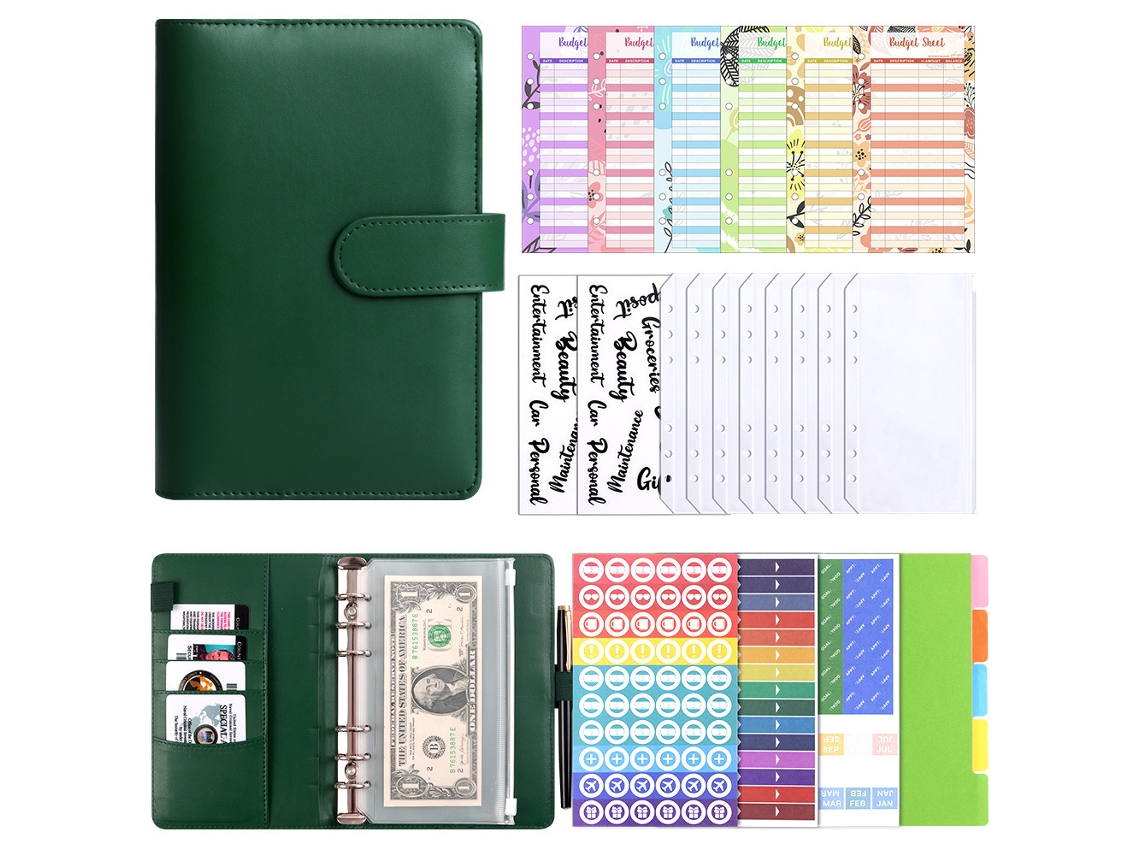 A6 Dark Green Macaron Planner Notebook Budget Binder With Cash Envelopes, Stickers, Dividers, Diy Sticker Pack